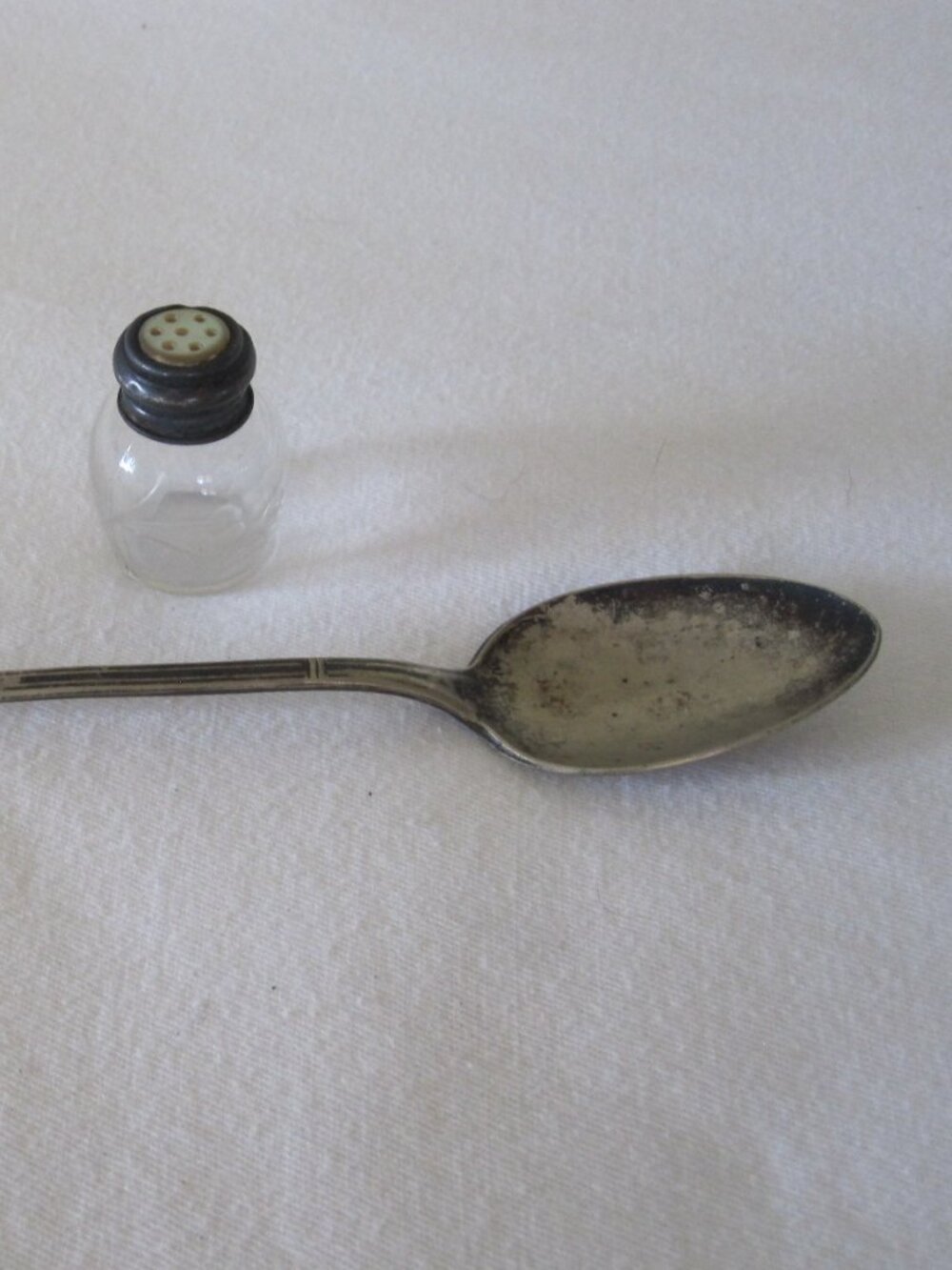 old Sterling Silver top 1.25" Etched Glass Salt Shaker + Court Teaspoon